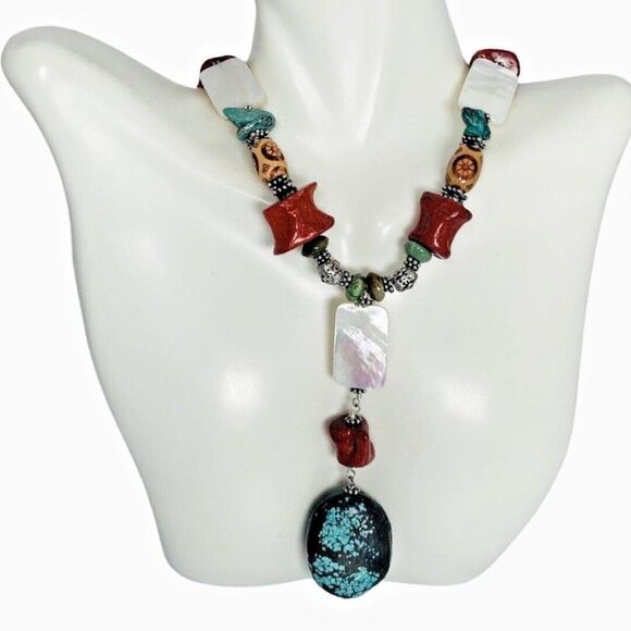 Blue Turquoise Pendant Chunky Necklace 19